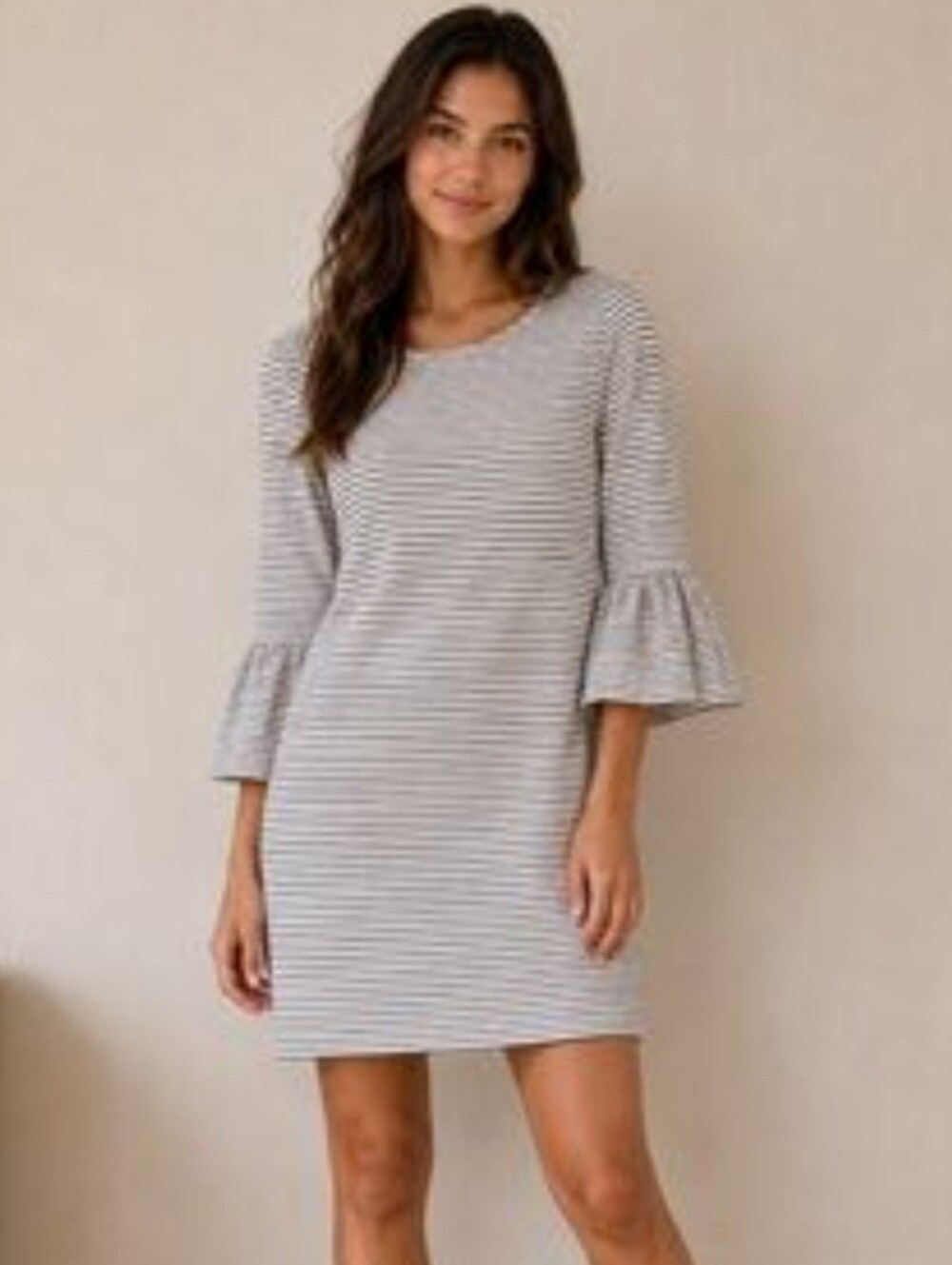 J. Crew Factory Black/Cream Striped Ruffle Sleeves Jersey Knit Dress Size M